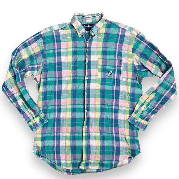 Ralph Lauren Shirt Mens M Colorful Madras Vintage Button Down Crest Golf Pocket - Picture 10 of 10